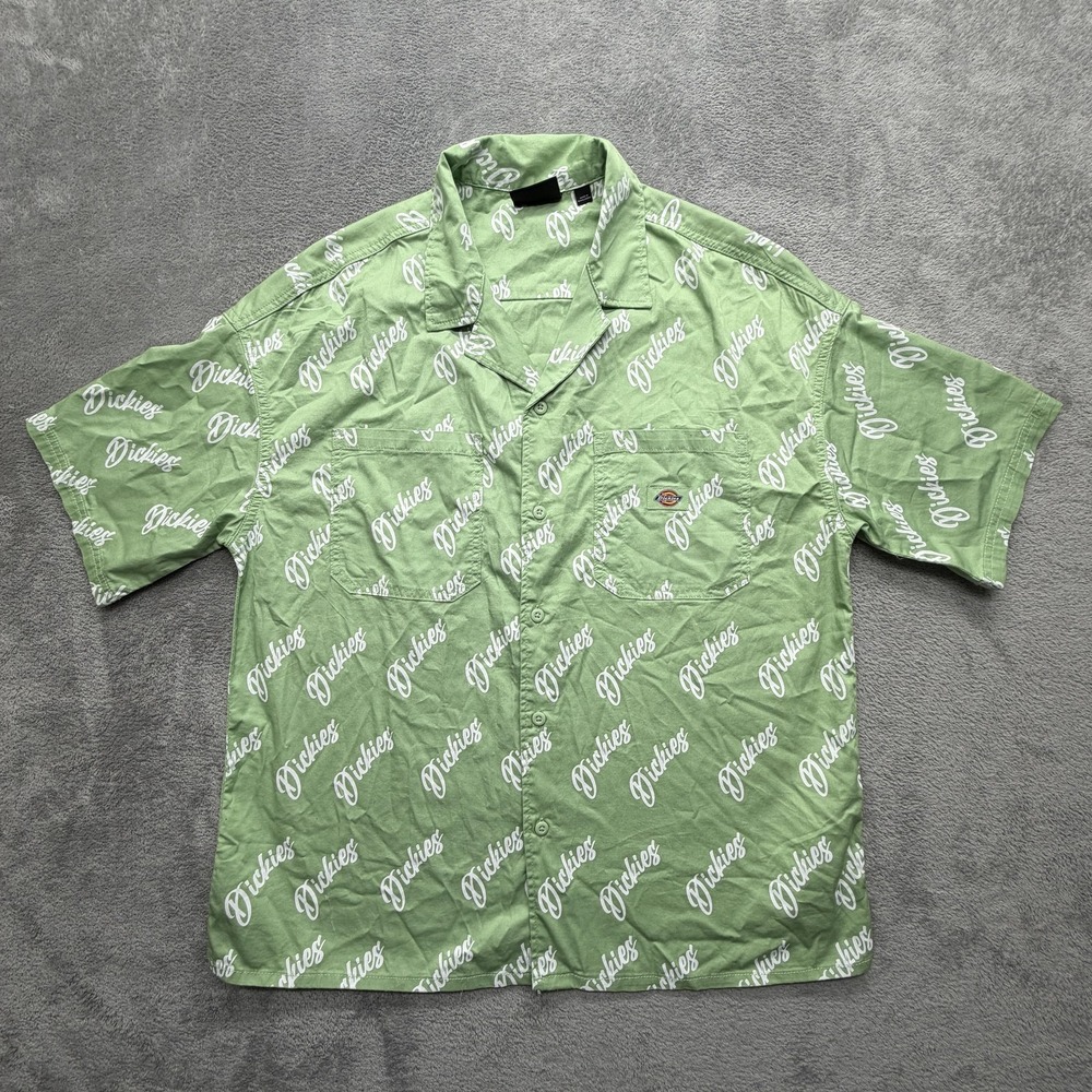 Dickies‎ Shirt Mens XL Green Allover Logo Button Up Short Sleeve Casual